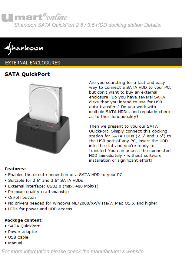 Sharkoon SATA QuickPort 2.5in/3.5in HDD Case USB3.0
