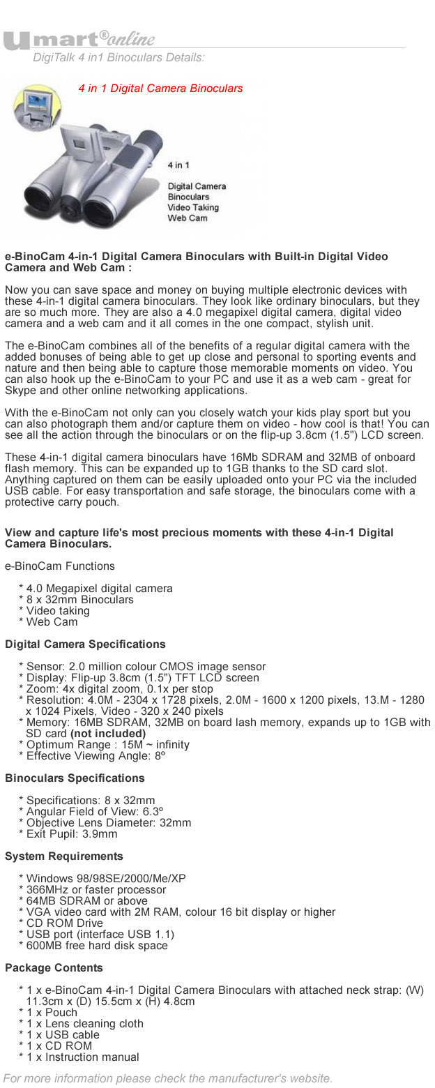 DigiTalk 4in1 Binoculars DigitalCamera DigitalVideo WebCam