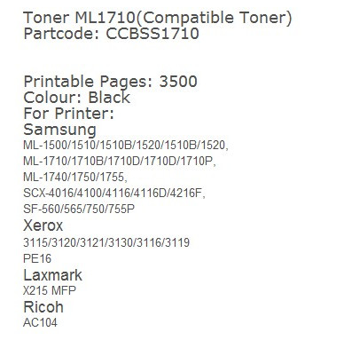 Toner ML1710 Samsung/Xerox/Laxmark/Ricoh (Compatible)